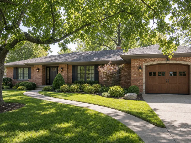 Brick ranch home in Sidney with a new wood-look arched carriage garage door