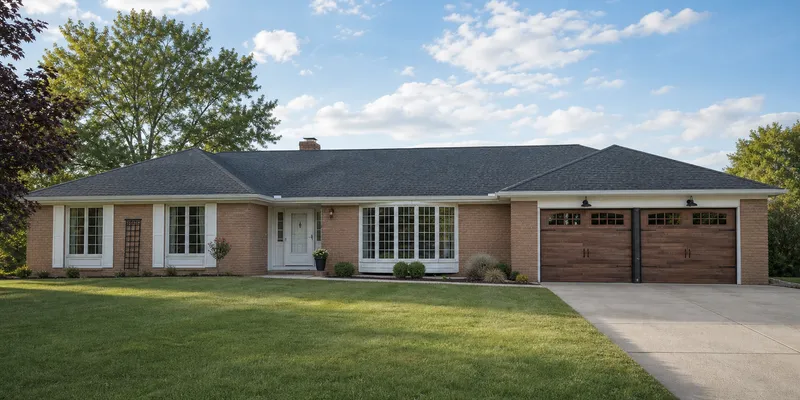 Shelby County ranch home with double garage doors at the end of a long driveway